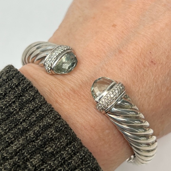 David Yurman 10mm Waverly Praisiolite Diamond Cuff Bracelet .925 - Picture 2 of 10